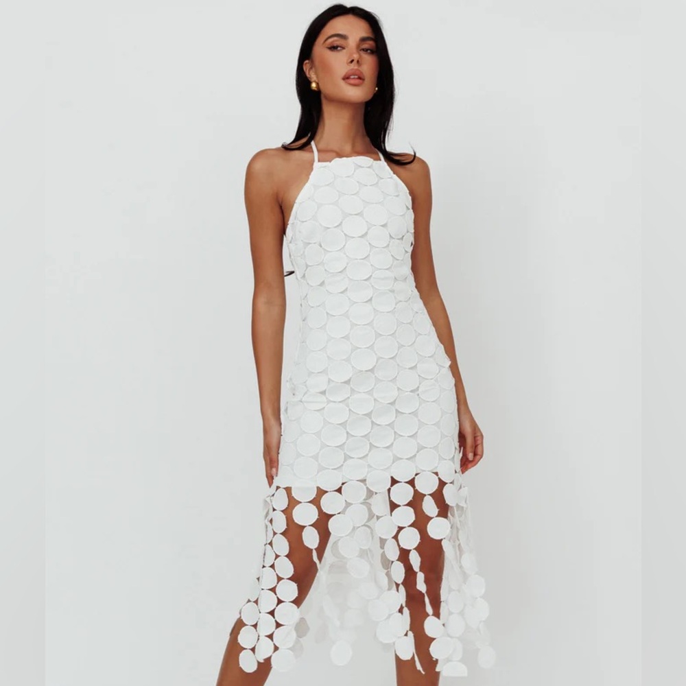 NWT Mainstrip Halter Circle Fringe Crochet White Midi Dress. Size Large